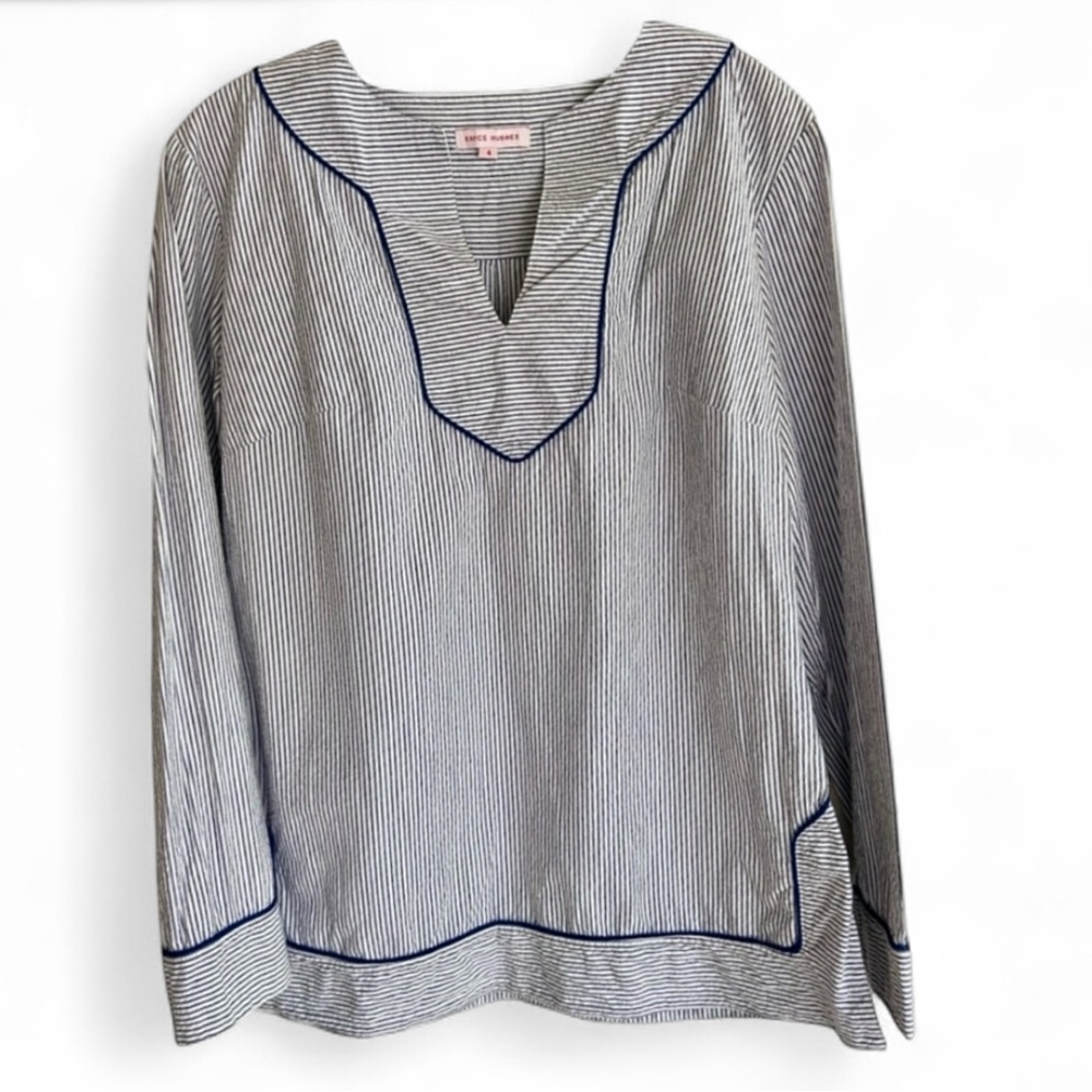 KAYCE HUGHES Navy White Seersucker Split Neck Tunic Top Coastal Nautical | Sz 4
